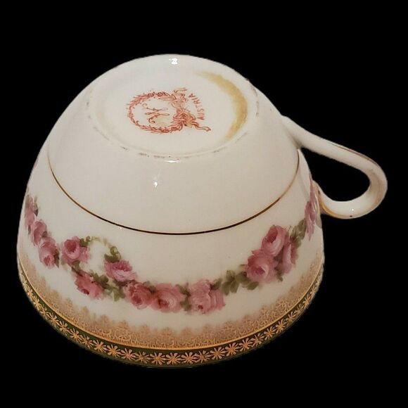 Antique Tea Cup Saucer Floral Gilded Hand Painted Porcelain Victorian MZ Austria - Picture 11 of 12